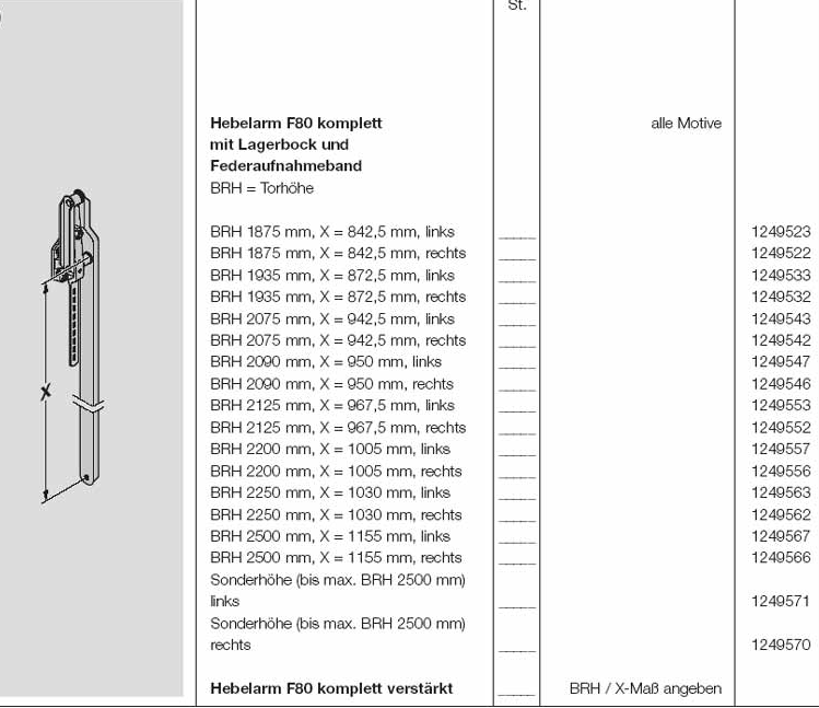 Hebelarm F80 komplett mit Lagerbock und Federaufnahmeband X-Maß. Hinweis:!! F80 sind Schwingtore für Fertiggaragen, nicht  verwechseln mit N80 das passt nicht!!!!