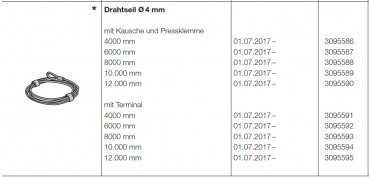 Hörmann Ersatzteil für die Baureihe 50-Allgemeines Zubehör-Drahtseil Durchmesser 4 mm mit Kausche und Pressklemme 6000 mm, 3095587