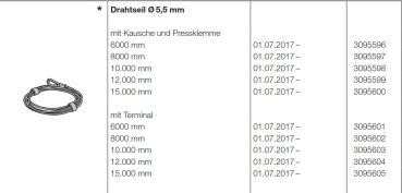 Hörmann Ersatzteil für die Baureihe 50-Allgemeines Zubehör-Drahtseil Durchmesser 5,5 mm mit Terminal 8000 mm, 3095602