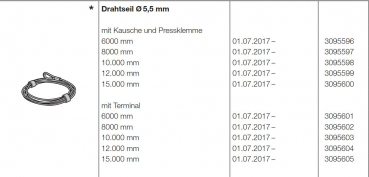 Hörmann Ersatzteil für die Baureihe 50-Allgemeines Zubehör-Drahtseil Durchmesser 5,5 mm mit Terminal 12.000 mm, 3095604