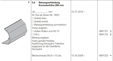 Hörmann Behangverkleidung Konsolenhöhe 290 mm Außen-Rolltor und HG 75, 8991721