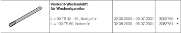 Hörmann Vierkant-Wechselstift für Wechselgarnitur L=95 TS 45-51 Schlupftür, 3053780