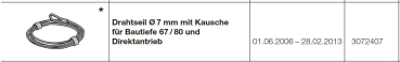 Hörmann Ersatzteil für Die Baureihe 20-Allgemeines Zubehör-Drahtseil durchmesser 7 mm mit Kausche für Bautiefe 67-80 und Direktantrieb, 3072407