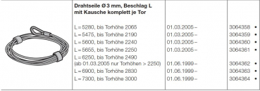Hörmann Drahtseile (1 Paar) Durchmesser 3 mm mit Kausche kpl. L = 5600 mm, Beschlag L bis Torhöhe 2240 mm, 3064360
