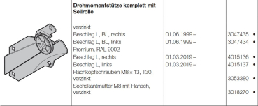 Hörmann Drehmomentstütze kpl. mit Seilrolle Beschlag L, BL Ausführung links (von innen gesehen) für Baureihe 40, 3047434Hörmann Drehmomentstütze kpl. mit Seilrolle Beschlag L, BL Ausführung links (von innen gesehen) für Baureihe 40, 3047434