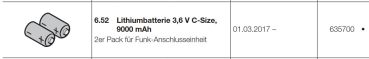 Hörmann Lithiumbatterie 3,6 V C-Size 9000 mAh, 635700
