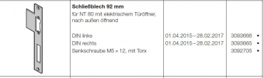 Hörmann Schließblech 92 mm DIN links für NT 80 mit elektrischem Türöffner nach außen öffnend für die Industrietor-Baureihe 50, 3093666