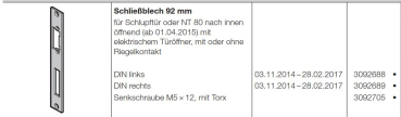 Hörmann Schließblech 92 mm für Schlupftür  oder NT 80 nach innen öffnend (ab 01.04.2015) DIN Rechts mit oder ohne Riegelkontak für die Industrietor-Baureihe 50, 3092682