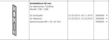 Hörmann Schließblech 92 mm für Schlupftür für elektrischen Türöffner Modell 118E-128E für die Industrietor-Baureihe 50, 3085995