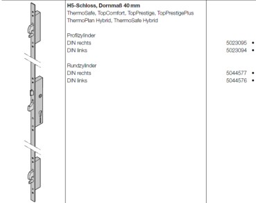 Hörmann H5-Schloss, Dornmaß 40 mm, DIN rechts, Artikel Nr. 5044577, Rundzylinder