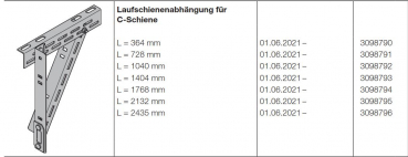 Hörmann Laufschienenabhängung für C-Schiene L = 364 mm Baureihe 60, 3098790