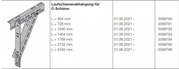 Hörmann Laufschienenabhängung für C-Schiene L = 1040 mm Baureihe 60, 3098792