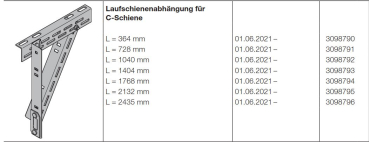 Hörmann Laufschienenabhängung für C-Schiene L = 2435 mm Baureihe 60, 3098796