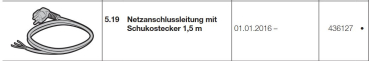 Hörmann Netzanschlussleitung mit Schukostecker 1,5 m HG 75 TD, 436127