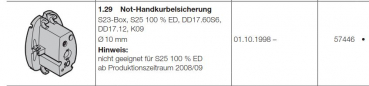 Hörmann Ersatzteile für Roll-und Rolltorantriebe:  Not-Handkurbelsicherung Steckantrieb 23-Box, 25  100 Prozent ED, DD17.60S6, DD17.12, K09  Durchmesser 10 mm, 57446