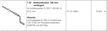 Hörmann Ersatzteile für Roll-und Rolltorantriebe:  Nothandkurbel, 700 mm verlängert  für Antriebsserien Steckantriebe , DD17-DD180,  Kettenantriebe Ø 12 mm, 57424
