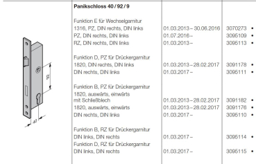 Hörmann Panikschloss 1316 (40 / 92 / 9 / 24) RZ, für Wechselgarnitur DIN rechts / DIN links Funktion E , 3091711, 3095113