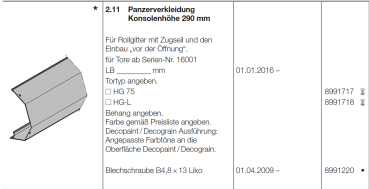 Hörmann Panzerverkleidung Konsolenhöhe 290 mm HG-L, 8991718