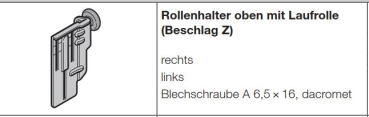 Hörmann Rollenhalter oben mit Laufrolle (Beschlag Z, BZ) Ausführung links (von innen gesehen) für Baureihe 40, EcoStar, 3047260