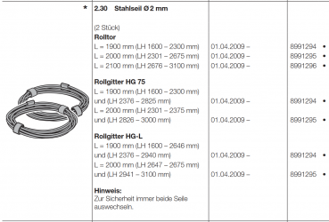 Hörmann Stahlseil Durchmesser 2 mm, Länge 1900 mm, 8991294