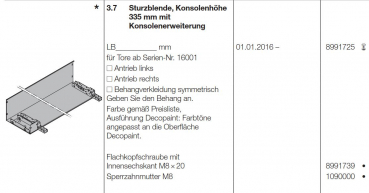 Hörmann Sturzblende, Konsolenhöhe 335 mm mit Konsolenerweiterung, 8991725