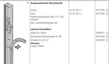 Hörmann Zargenseitenteil Beschlag BL rechst für die Baureihe 40, 4012165