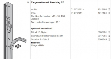 Hörmann Zargenseitenteil Beschlag BZ links für die Baureihe 40, 4012164