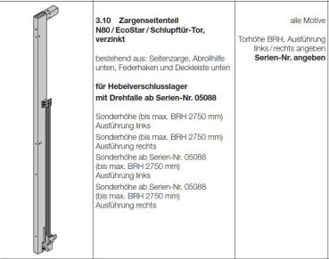 Hörmann Zargenseitenteil N80 bis max. BRH 2750 mm, Sonderhöhe, rechts, 1042