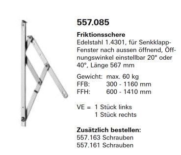 Jansen Janisol Arte 2.0, Friktionsschere, Edelstahl 1.4301, für Senkklappfenster nach aussen öffnend, Länge 567 mm, Artikel Nr.557.085
