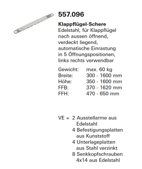 Jansen Janisol Arte 2.0, Klappflügel-Schere, Edelstahl, für Klappflügel, nach aussen öffnend, Artikel Nr.557.096