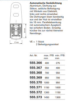 Schüco Jansen Automatische Senkdichtung, max FFB 1000 mm, Kurz FFB 850 Jansen Artikelnummer 555.370