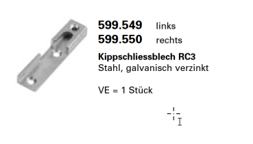 Jansen-Economy 50 RC Fenster, Sicherheitsschliessblech RC3 Stahl Rechts, galvanisch verzinkt, Artikel Nr. 599.550