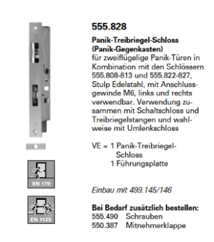 Jansen Janisol 2 EI30 Panik-Treibriegel-Schloss-Panik-Gegenkasten 555.828, für ein- und zweiflügeligen Türen