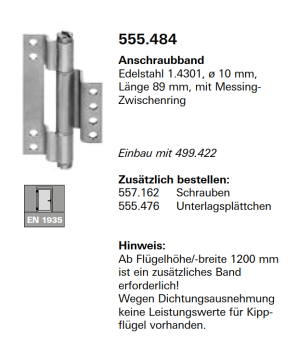 Jansen Janisol Arte 2.0, 3D Anschraubband, Edelstahl 1.4301, ø 10 mm, Länge 89 mm, mit Messing Zwischenring, Artikel Nr. 555.484
