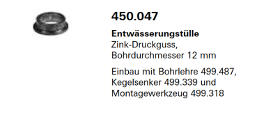 Jansen Janisol Arte 2.0, Entwässerungstülle Zink-Druckguss, Bohrdurchmesser 12 mm, 450.047