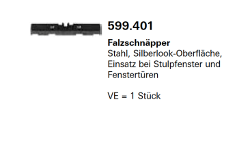Jansen Janisol Arte 2.0, Falzschnäpper, Stahl, Silberlook-Oberfläche, Einsatz bei Stulpfenster und Fenstertüren, Artikel Nr. 599.401
