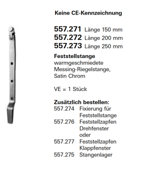 Jansen Janisol Arte 2.0 Feststellstange warmgeschmiedete Messing-Riegelstange, Länge 200 mm, Fensterbeschlag, Artikel Nr.557.272