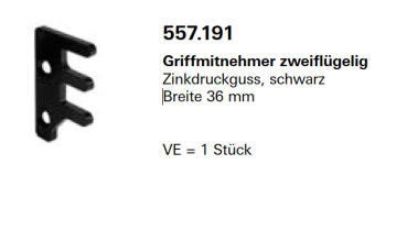 Jansen Janisol Arte 2.0, Griffmitnehmer zweiflügelig, Zinkdruckguss, schwarz, Breite 36 mm, Artikel Nr.557.191