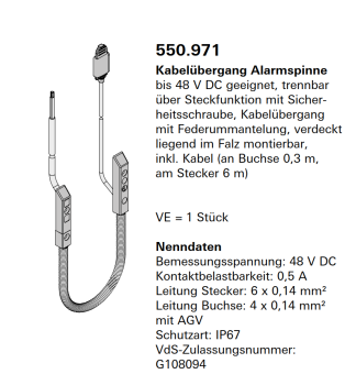 Jansen Janisol Arte 2.0 Kabelübergang Alarmspinne, bis 48 V DC geeignet, Artikel Nr.550.971