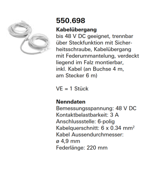 Jansen Janisol Arte 2.0 Kabelübergang, bis 48 V DC geeignet, Artikel Nr.550.698