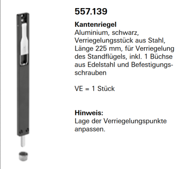 Jansen Janisol Arte 2.0, Kantenriegel, Aluminium, schwarz, Verriegelungsstück aus Stahl, Länge 225 mm, Artikel Nr. 557.139