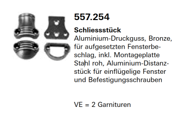 Jansen Janisol Arte 2.0 Schliessstück, Aluminium-Druckguss, Bronze, für aufgesetzten Fensterbeschlag, Artikel Nr.557.254
