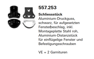 Jansen Janisol Arte 2.0 Schliessstück, Aluminium-Druckguss, schwarz, für aufgesetzten Fensterbeschlag, Artikel Nr.557.253