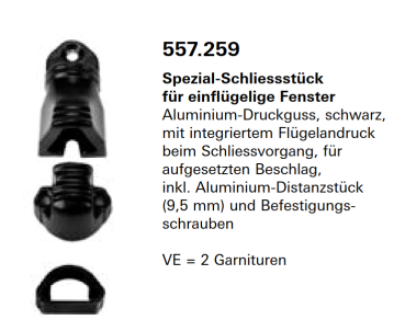 Jansen Janisol Arte 2.0 Spezial-Schliessstück, für einflügelige Fenster Aluminium schwarz, für aufgesetzten Fensterbeschlag, Artikel Nr.557.259