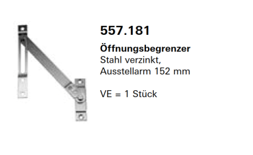 Jansen Janisol Arte 2.0 Öffnungsbegrenzer, Ausstellarm 152 mm, Kippfenster, für Kippflügel, Artikel Nr.557.181