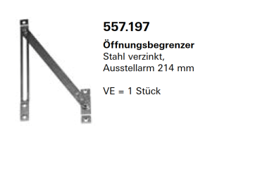 Jansen Janisol Arte 2.0 Öffnungsbegrenzer, Ausstellarm 214 mm, Kippfenster, für Kippflügel, Artikel Nr.557.197