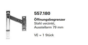 Jansen Janisol Arte 2.0 Öffnungsbegrenzer, Ausstellarm 79 mm, Kippfenster, für Kippflügel, Artikel Nr.557.180