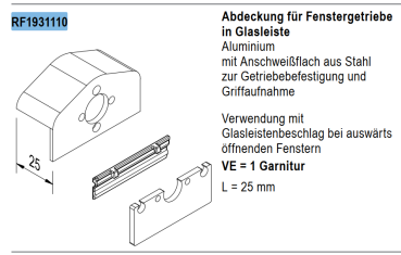 Jansen rp fineline 70W, Abdeckung für Fenstergetriebe in Glasleiste Aluminium, Glasleistenbeschlag, L=25 mm, Artikel Nummer RF1931110