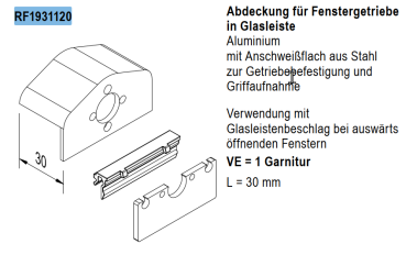 Jansen rp fineline 70W, Abdeckung für Fenstergetriebe in Glasleiste Aluminium, Glasleistenbeschlag, L=30 mm, Artikel Nummer RF1931120