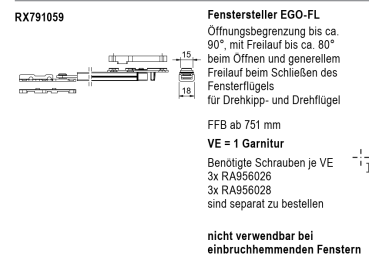 Jansen rp fineline 70W Euronut Zubehör, Fenstersteller EGO-FL, Öffnungsbegrenzung bis ca.90°, Artikel Nummer RX791059